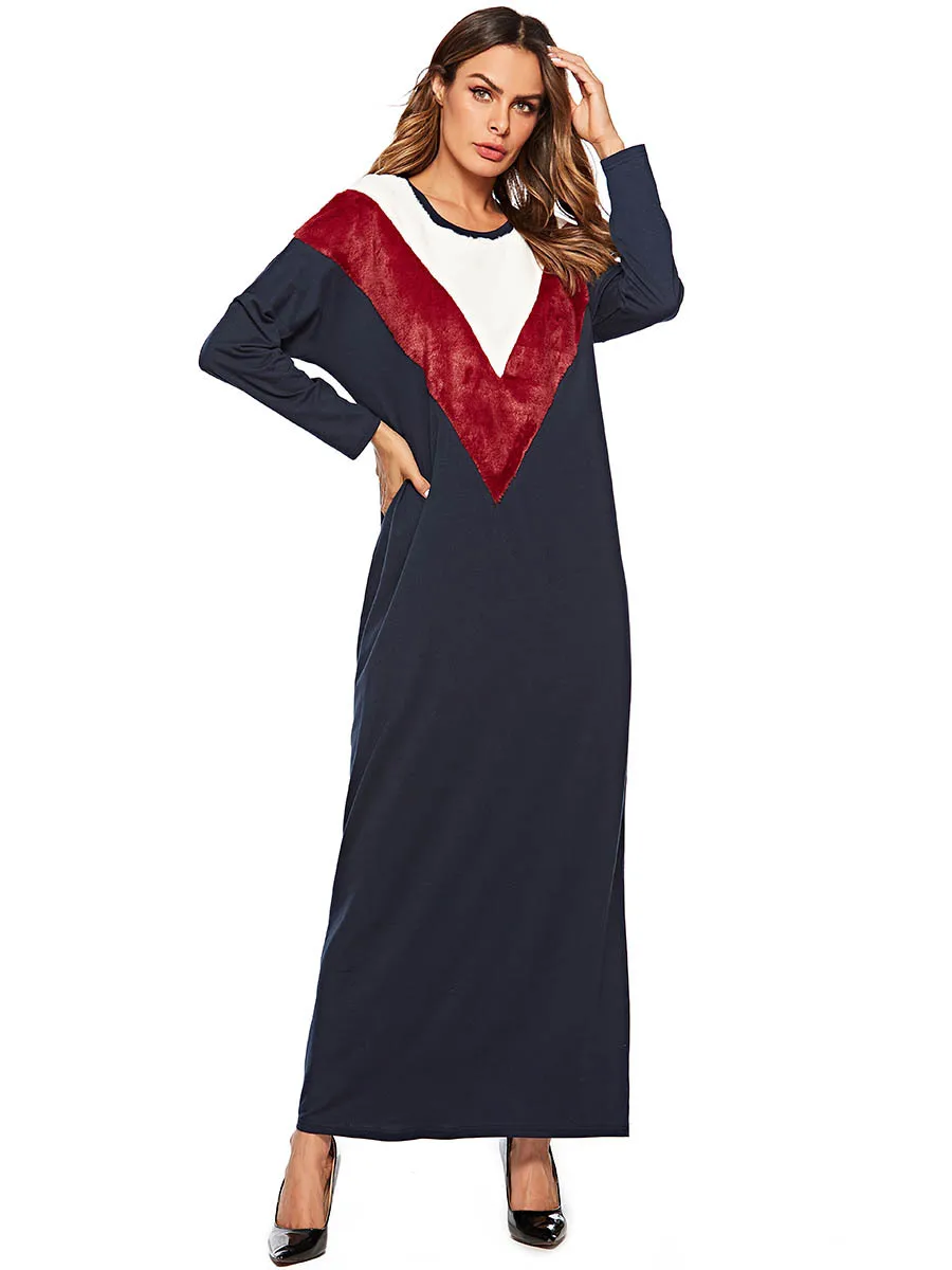 

Maxi Muslim Abaya Dresses Long Sleeve Straight Female Patchwork Ankle Length O Neck Autumn Dress 7467