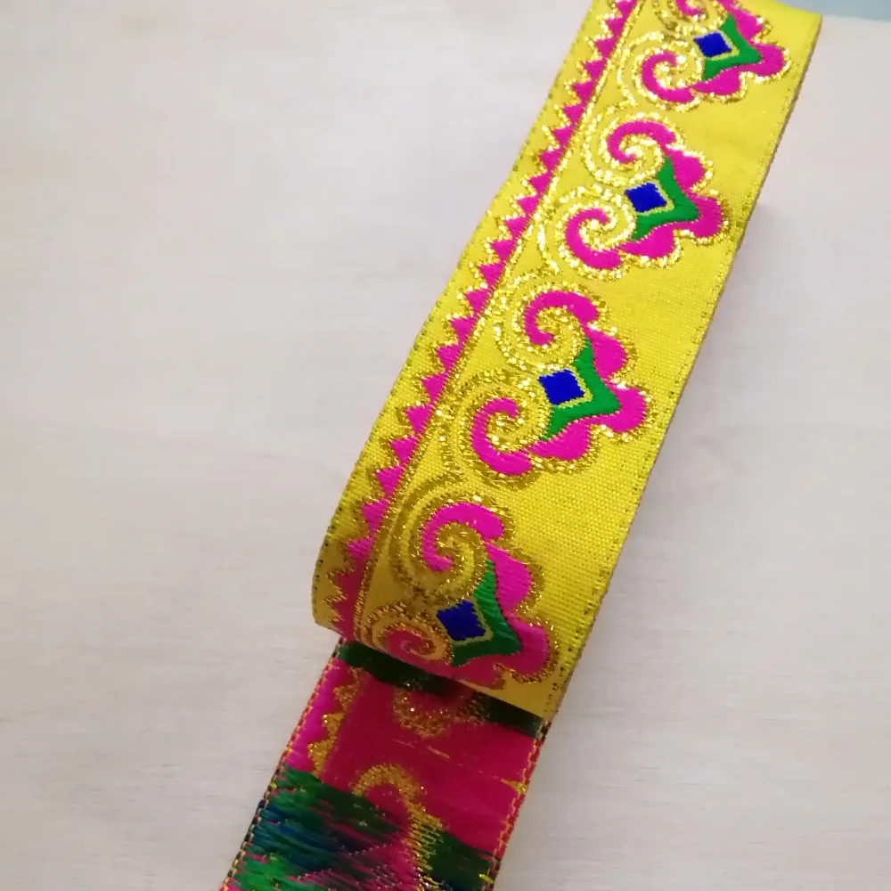 3.3cm 33mm 1-3/8'' Athene Pink Yellow Miao Symbol Zigzag Golden Filigree Ribbon Costume Laciness National Jacquard Webbing Lace | Дом и