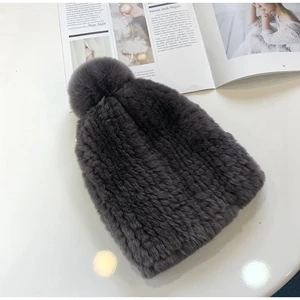 Темно-серый Fashion Womens Real Rex Rabbit Fur Hats with Stripe Design Cute Ladies Winter Warm Rex Rabbit Fur Caps - Цвет: Темно-серый