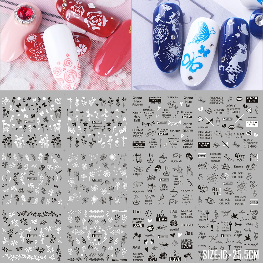 Nail Stickers Letters Black White Water Transfer Nail Art Decal Mix Russian Design Flower Manicure Wraps Foils Set SAA1513-1524