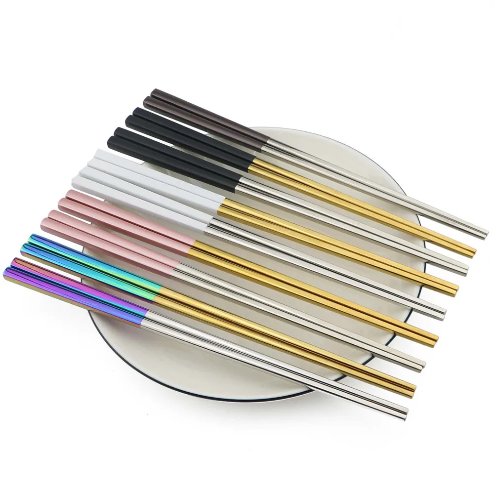 1 Pair Stainless Steel Chopsticks Long Plating Gold Square Chopsticks Sushi Reusable Black White Korean Splicing Chopsticks Set