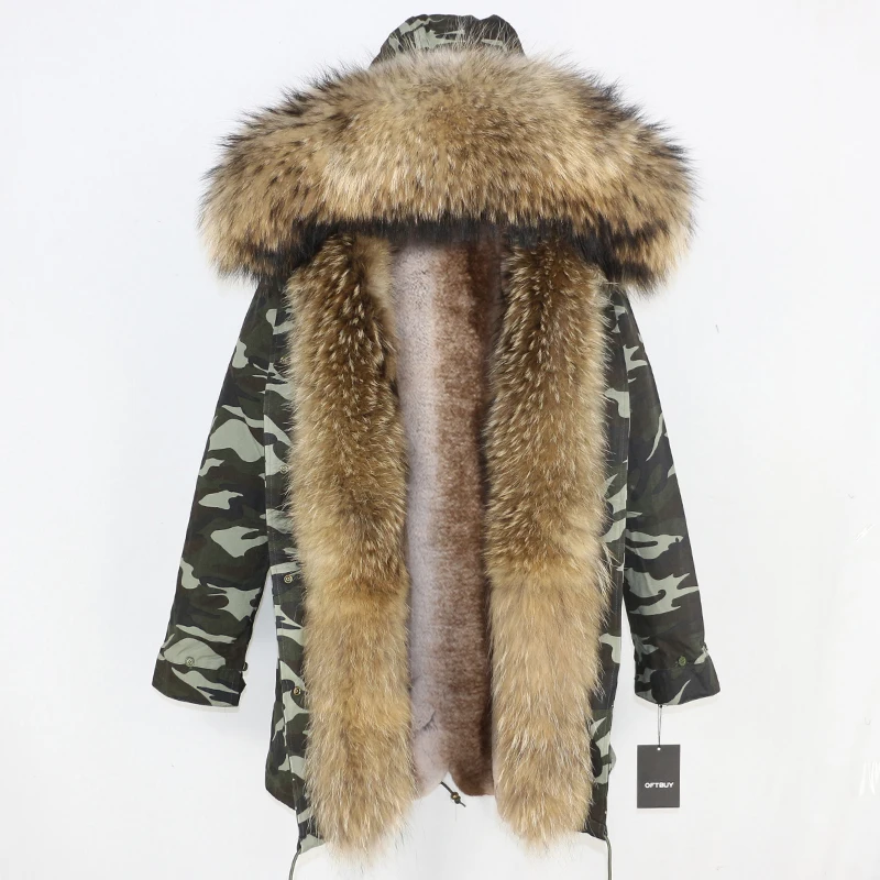 green camo natural E OFTBUY, длинная парка, зимняя куртка, Женское пальто с натуральным мехом, большой воротник из натурального меха енота, теплая Толстая Уличная одежда, повседневная верхняя одежда - Цвет: green camo natural E