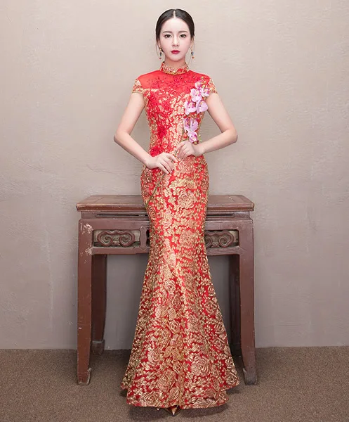 Красное свадебное платье русалки кружева цветок невесты Qipao традиционные китайские платья Длинные винтажные Cheongsam современные женские - Цвет: red