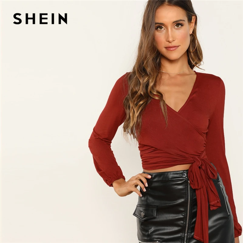 SHEIN Короткая Блузка С Глубоким V-Образным Вырезом Женские Богемные Блузки С Длинными Рукавами И Поясом