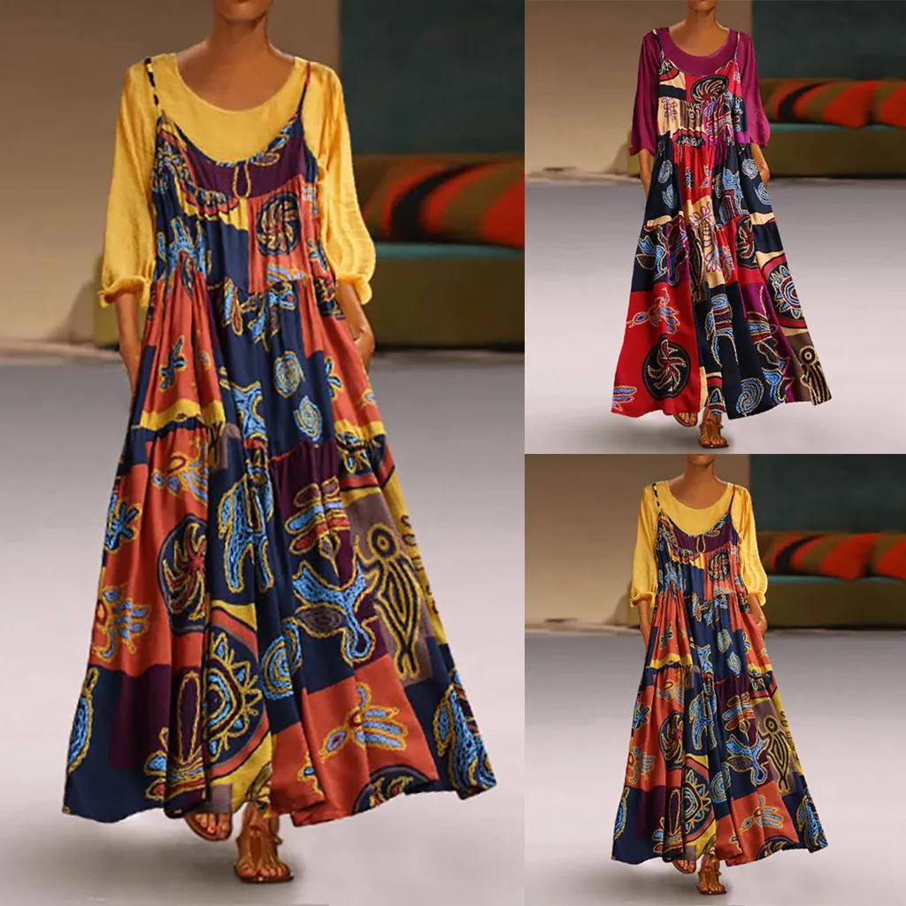 Женское платье макси из двух частей с круглым вырезом винтажное длинное