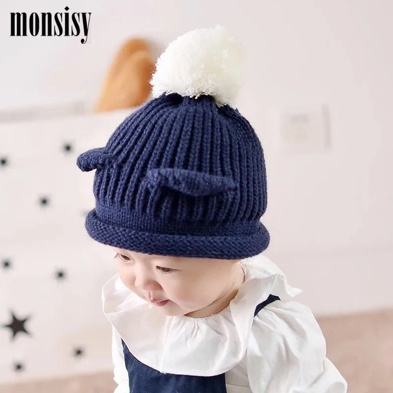 Monsisy/зимние шерстяные вязаные шапочки с черепами для детей шапка ушками