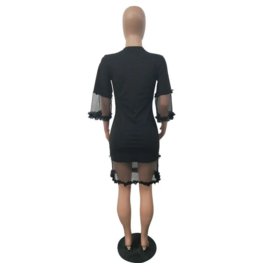 2018 Black Mesh сращивания Видеть Сквозь Сексуальное Платье Лето Половина рукава Laciness