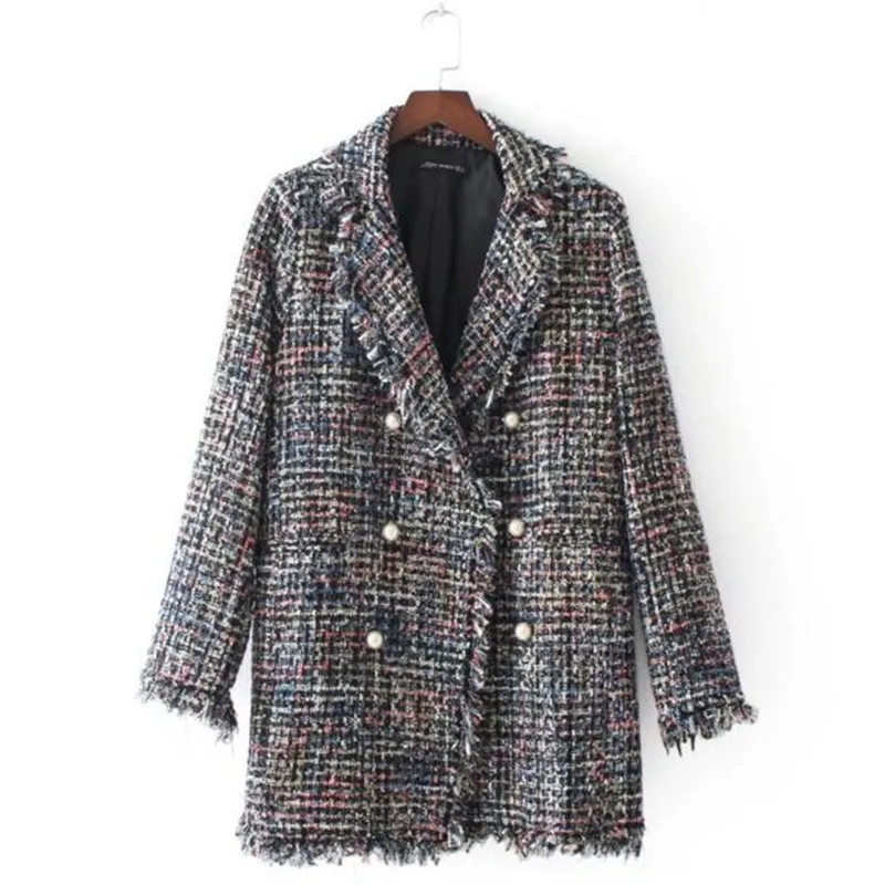 Женский блейзер с отложным воротником и кисточками жемчужными кнопками длинным