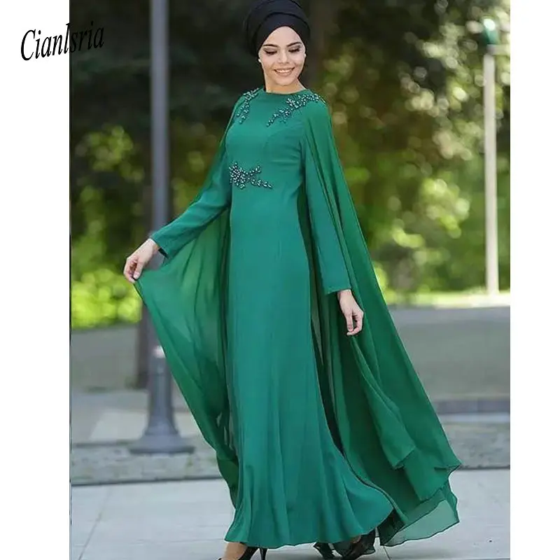 

Темно-зеленое мусульманское арабское платье для выпускного вечера с накидкой 2020, украшенное бисером, с длинным рукавом, кафтан, абайя, Плать...