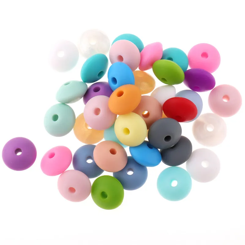 Cuentas de lentejas de silicona para reci&eacute;n nacido, 100 piezas, 12mm x 7mm, mordedor plano, pulseras de dentici&oacute;n, collar, juguetes de grado alimenticio para Baby Shower-0