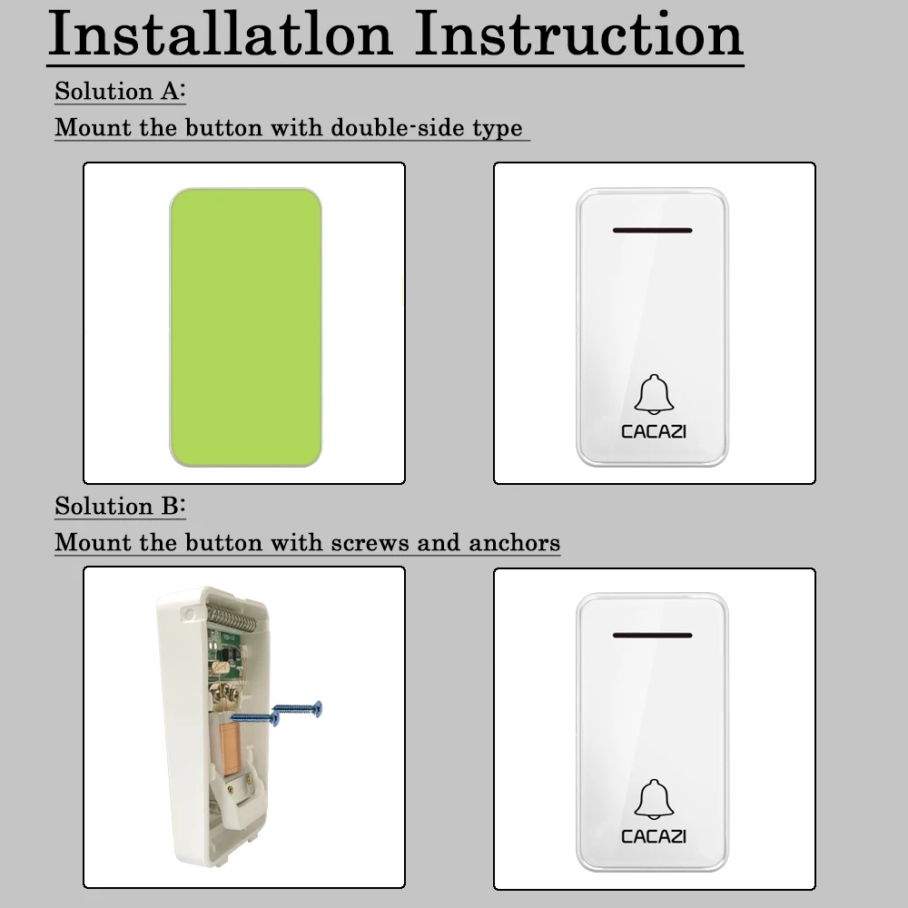 

CACAZI Self-powered Wireless Doorbell Waterproof No battery 2 Button 3 Receiver Led light Cordless DoorBell US EU UK Plug Chime