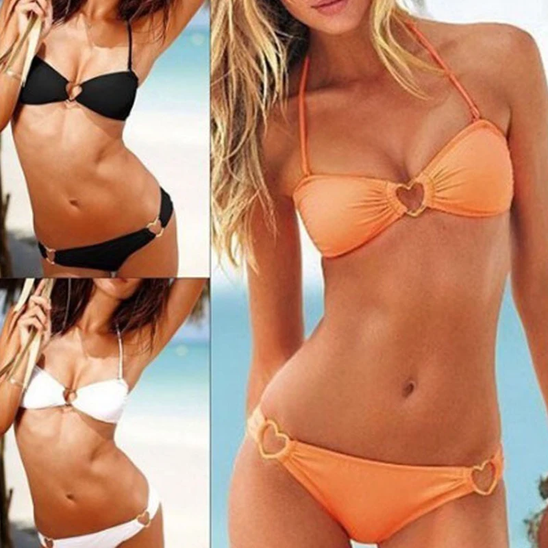 Women's Sexy Halter V neck Solid Padded heart Beachwear Bath Bikinis Sets Biquini Swimsuits Suits Tankini Swimwear |