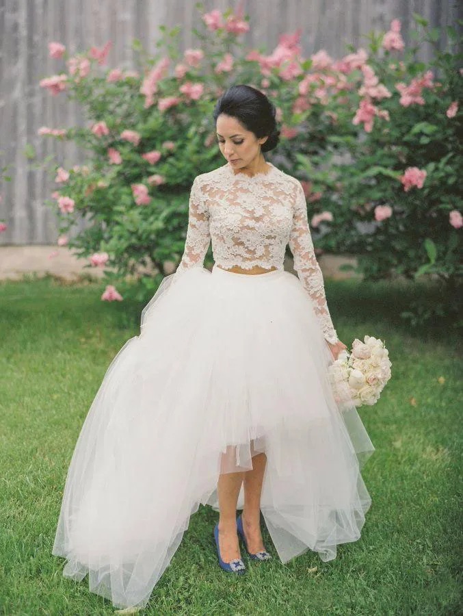 

High Low Lace Wedding Dresses Two Pieces 2016 High Neck Long Sleeves Bridal Dresses Tulle Layered Illusion Garden Country Weddin