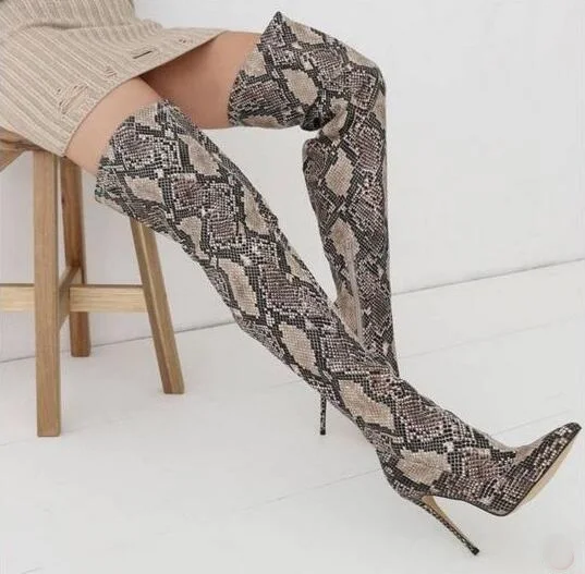 Spring New Brand Woman Python Snake Skin Pu Stiletto Heels Pointed Toe Slim Over The Knee Thigh Long Boots Burgundy Plus Size | Обувь