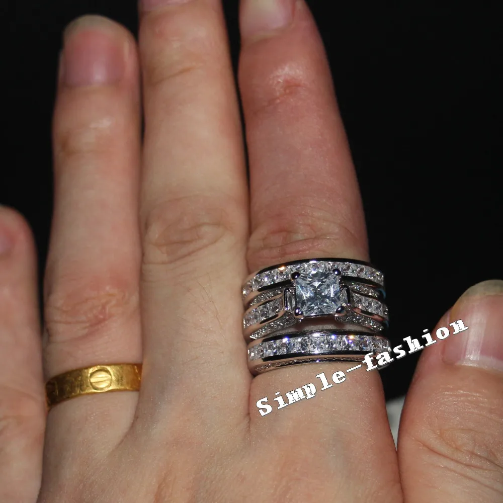 Модные украшения Для женщин полный 20ct Cz кольцо с камнем рождения 14KT кольцо из белого золота с 3-в-1 Обручение обручальное кольцо