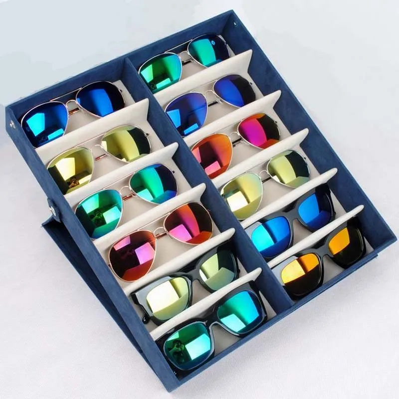 Kopen 2017 Mordoa Nieuwe Stijl Flock Sunglass Organizer Voor 12 Paar Zonnebrillen Display Blauw/Rode Kleur Box/Plank/Rack Gratis Verzending