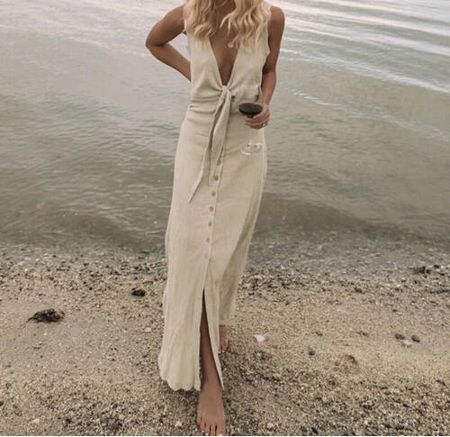 Женское длинное платье макси без рукавов однотонное с V-образным вырезом и