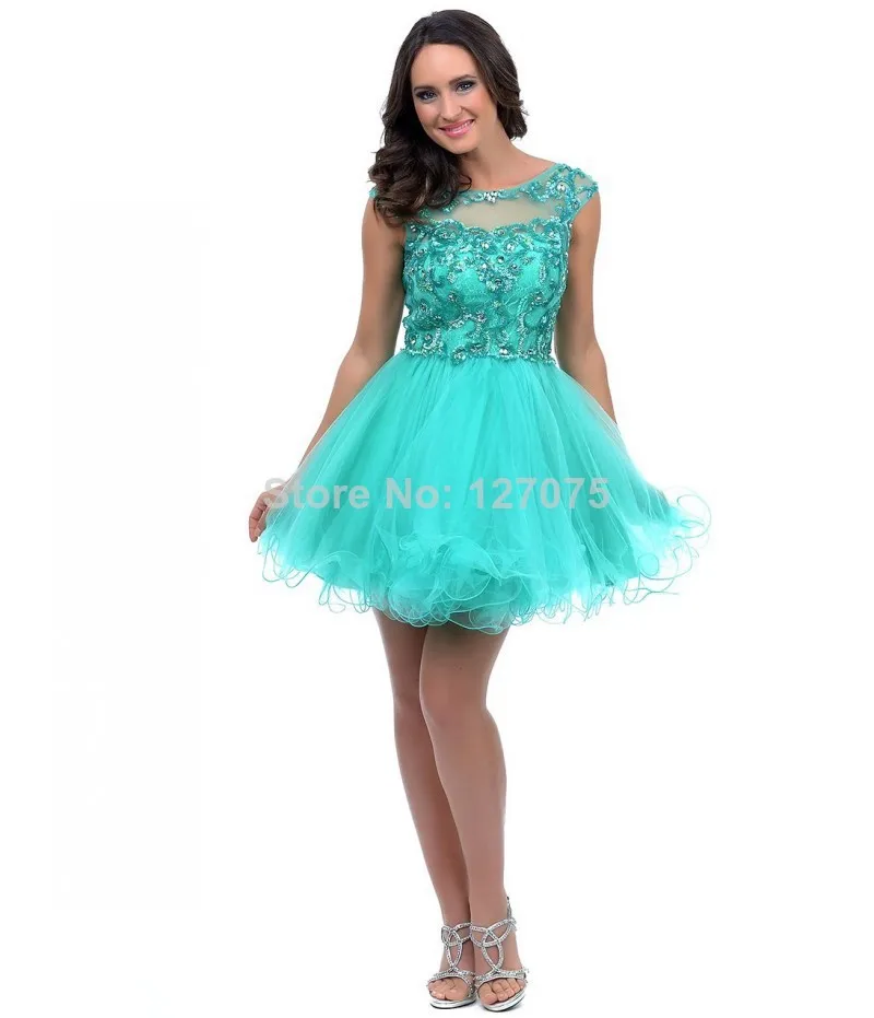 New Arrival ! Free Shipping 2014 Hunter Unique Scoop Sequin Beads Lace Tulle Ball Gown Above Knee Homecoming Dress |