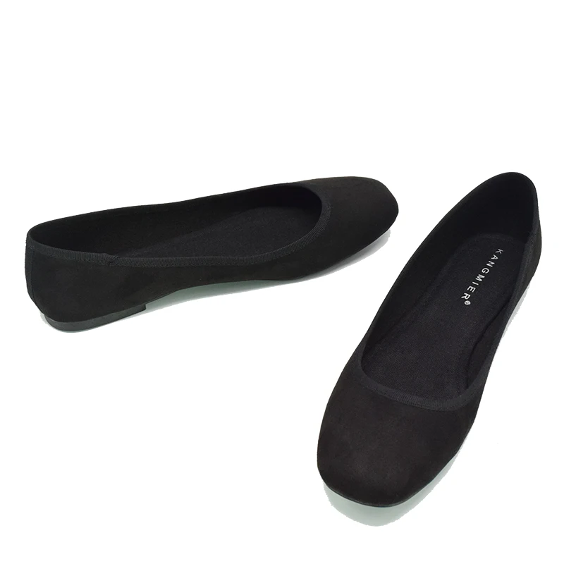 Обувь Женские туфли-лодочки черная замша балетки на плоской подошве с квадратным