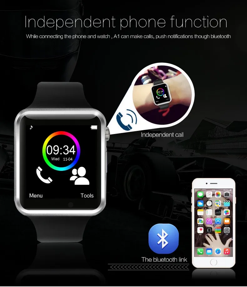 Наручные часы A1 Bluetooth Смарт часы спортивные Шагомер с sim-камерой Smartwatch для Android смартфонов Россия T15 PK DZ09