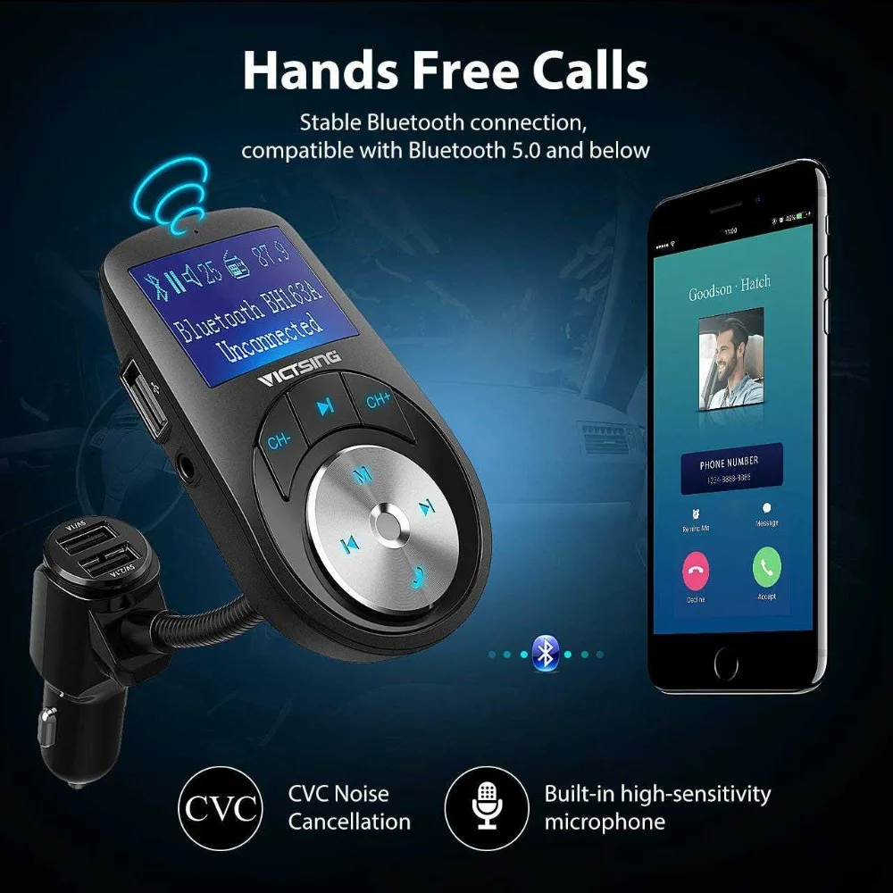 Автомобильный fm передатчик VicTsing Bluetooth MP3 музыкальный плеер AUX TF u диск 3 USB порты