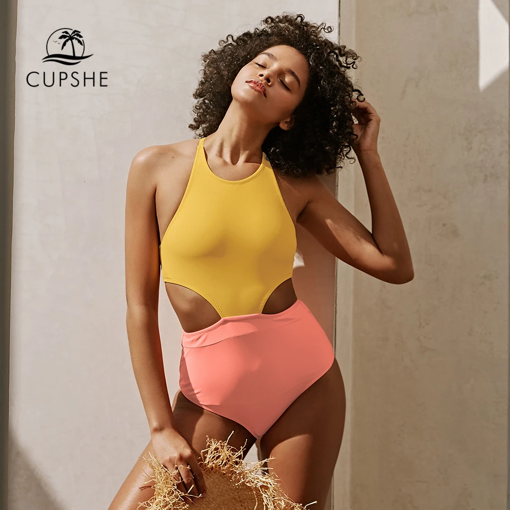Желтый и розовый слитный купальник CUPSHE женский сексуальный Монокини с бантом