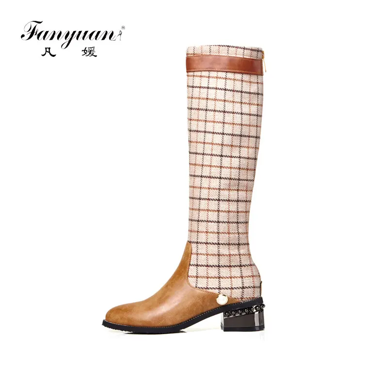 

fanyuan2019 plus Size 32-43 Women's Shoes Woman Riding Boots Fashion Plaid cloth Winter Knee-High Boots Woman Shoes