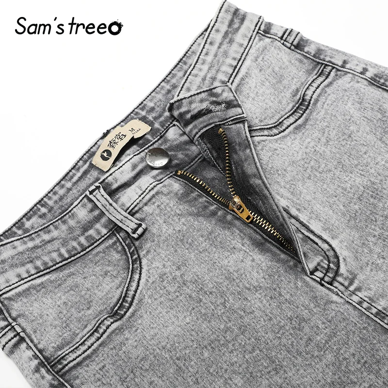 Samstree/однотонные женские джинсы, осень, модные потертые джинсовые узкие брюки, Уличная Повседневная Средняя талия, женские брюки длиной до щиколотки