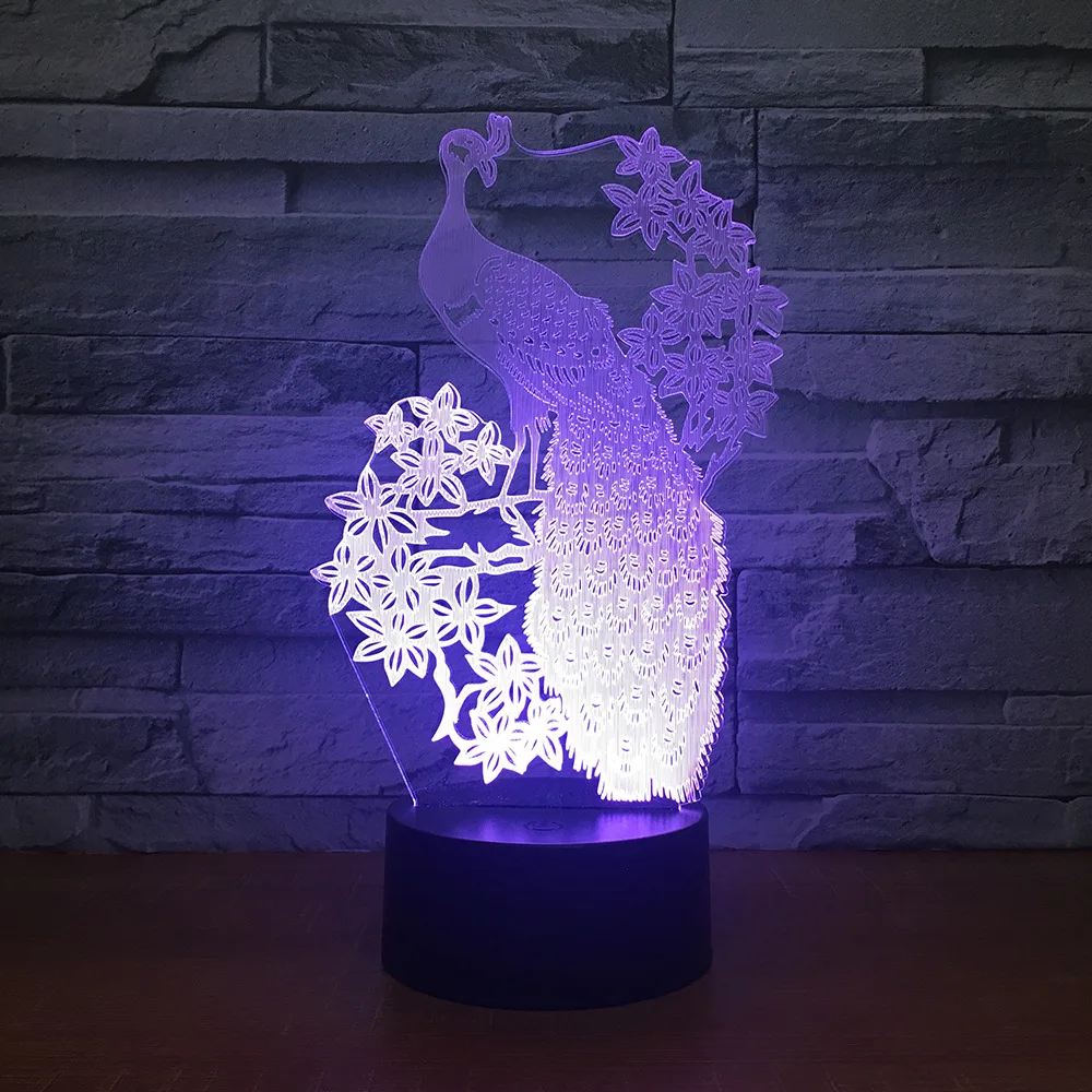 7 цветов меняющий Павлин 3D Светодиодные ночные светильники USB настольная лампа