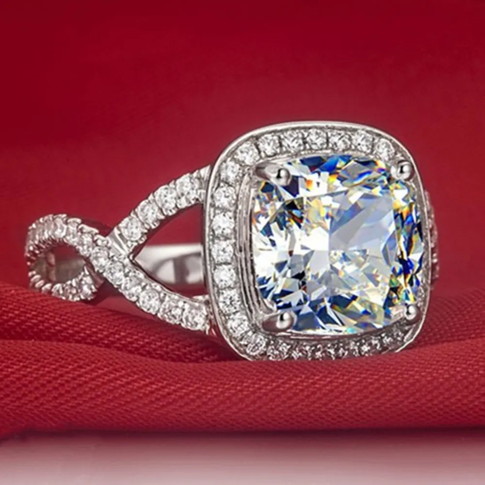

Wholesale Rings Jewelry 9*9mm 3CT Twist Setting Cushion Diamond Ring for Women Sterling Silver Luxury Jewelry Micro Semi Paved
