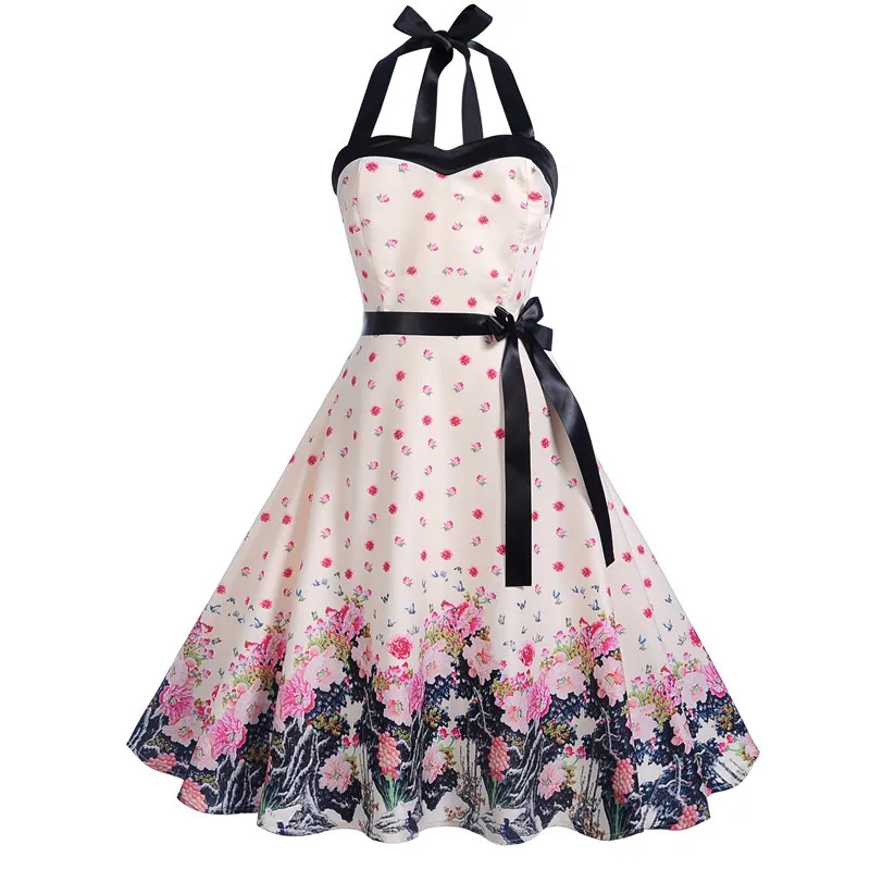 Robe Femme летнее платье модное винтажное платье с цветочным принтом и лямкой на шее 50s 60s ретро женские вечерние платья в стиле рокабилли Сарафан