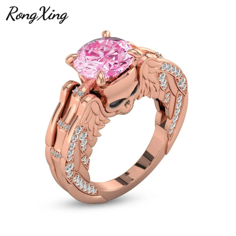 Rongxing старинный панк кольцо с черепом розовое золото круглые циркониевые кольца