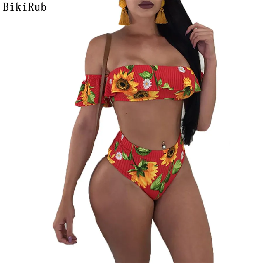 Женский купальник бандо с высокой талией пуш ап оборками винтажный комплект