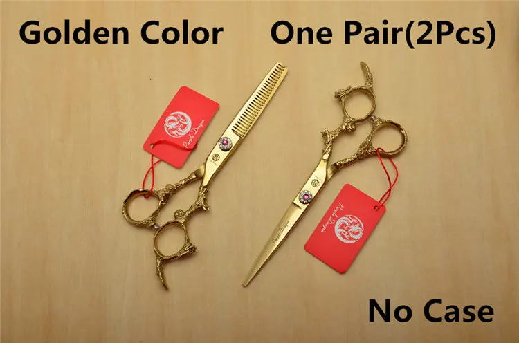 2Pcs No Case 2 шт 6 ''17,5 см золотые 440C профессиональные человеческие волосы ножницы парикмахерские ножницы для резки+ филировочные ножницы для резьбы по драконам Z9005 - Цвет: 2Pcs No Case