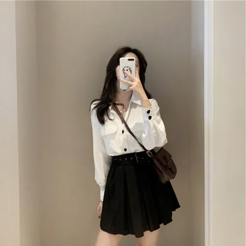

Mori Girl Retro Pleated Skirt Set Turn-down Collar Elegant Artistic Mini Skirts Two Piece Sets Black White Set Women Korea