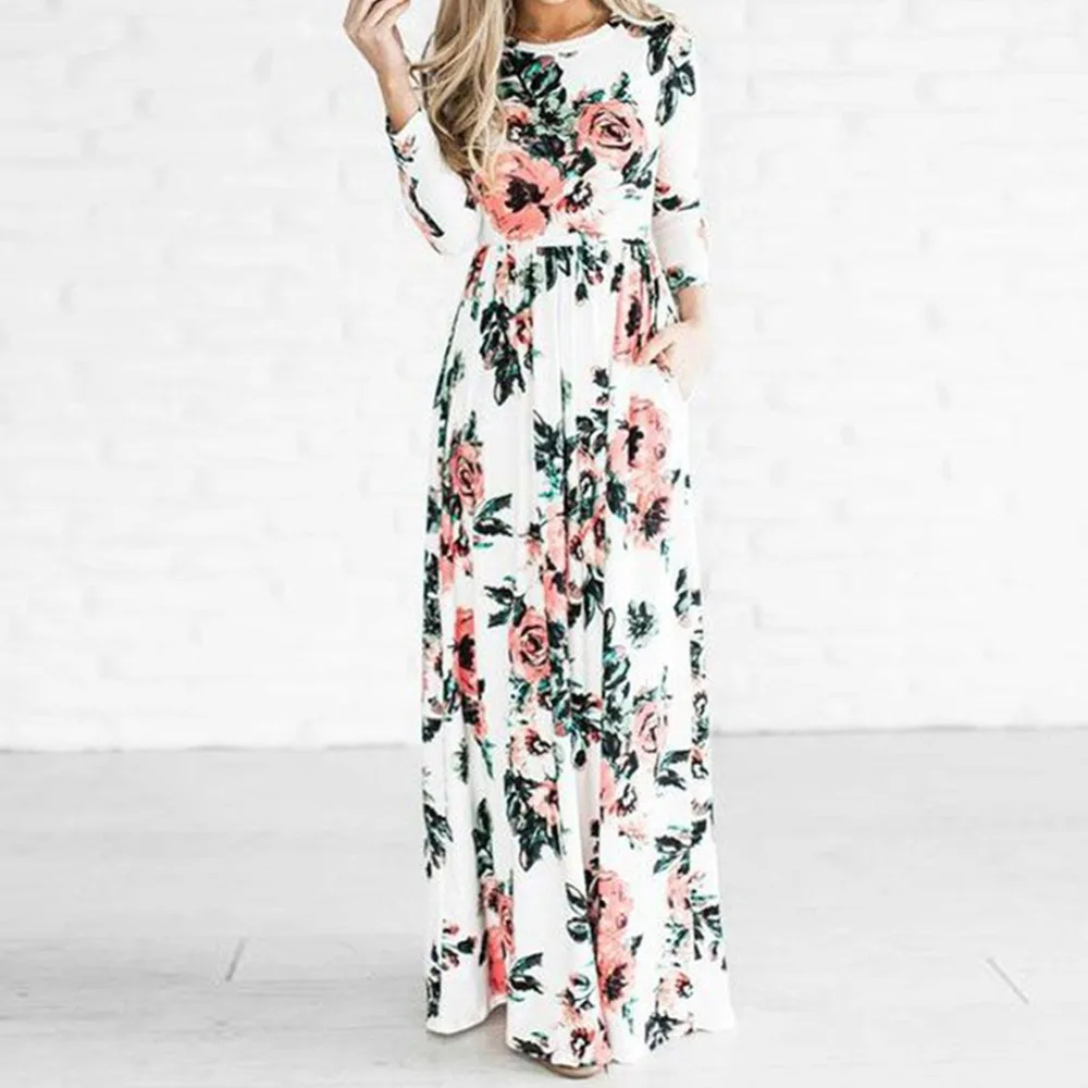 Женское Цветочное платье с длинным рукавом и круглым вырезом винтажное длинное