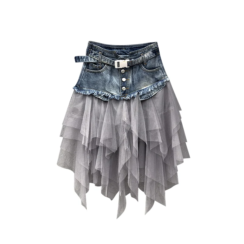 

irregular women skirts denim mesh patchwork ruffles lady skirts street wear A-line top quality