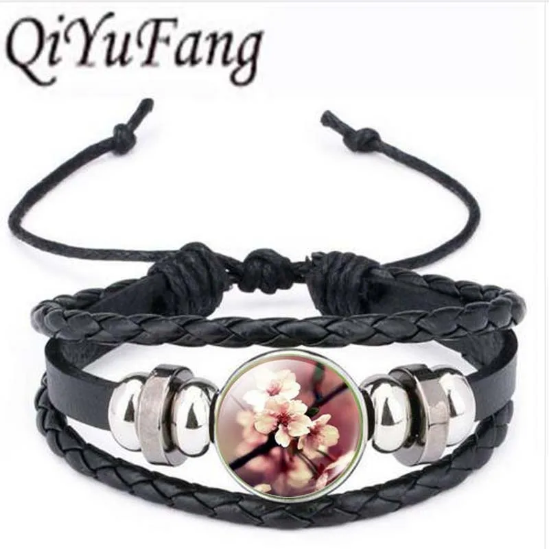 

Qiyufang Glass Cabochon Jewelry Sets Vintage Flower Art Picture Glass bracelet bangle Set Women black Color Jewelry