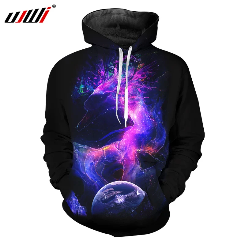 Мужская толстовка с капюшоном UJWI Galaxy Space черная 3d единорогом мужские пуловеры в