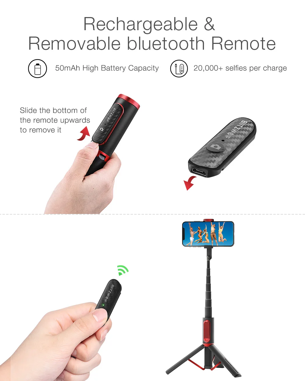 BlitzWolf BW-BS10 все в одном портативный bluetooth палка с Выдвижной Штатив селфи палки монопод для iPhone/huawei/Xiaomi