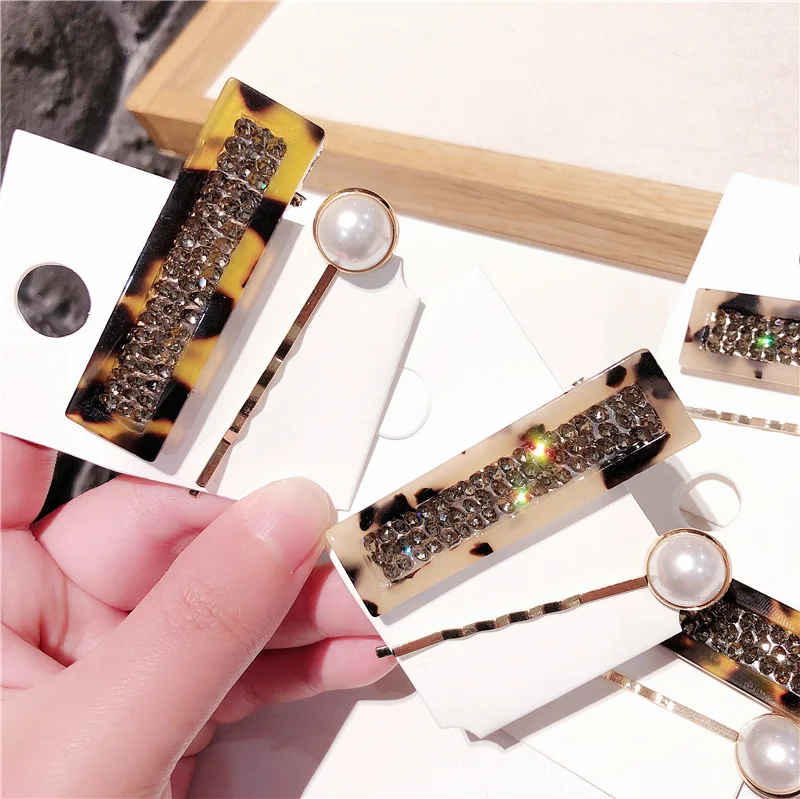 

Korea Fashion pearls Hair Clip Barrettes for Women Girls Pearl Leopard Print Rhinestone spring clips Hairpins Hair Accessories