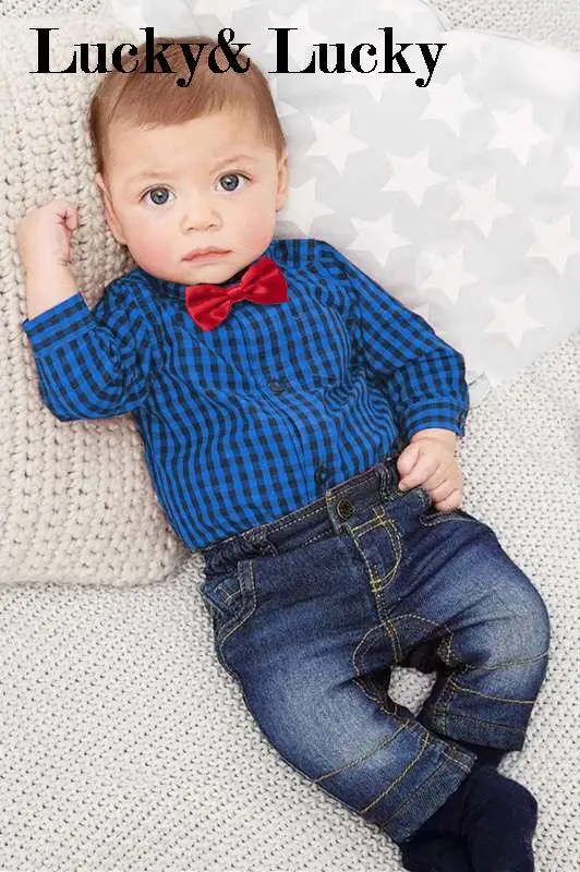 Новый синий клетчатый комбинезон рубашки с красным бантом + джинсы одежда для