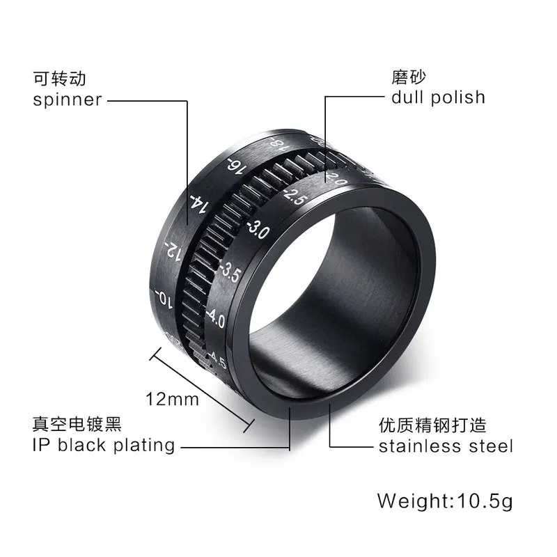 SUNNERLEES титановые кольца из нержавеющей стали 12 мм объектив камеры Spinner черные мужские ювелирные изделия подарок R-277
