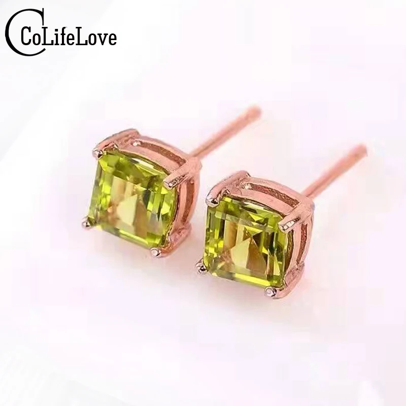 Серьги гвоздики с натуральным Перидотом 6 х6 мм серебро 925 пробы|stud earrings|earring studs