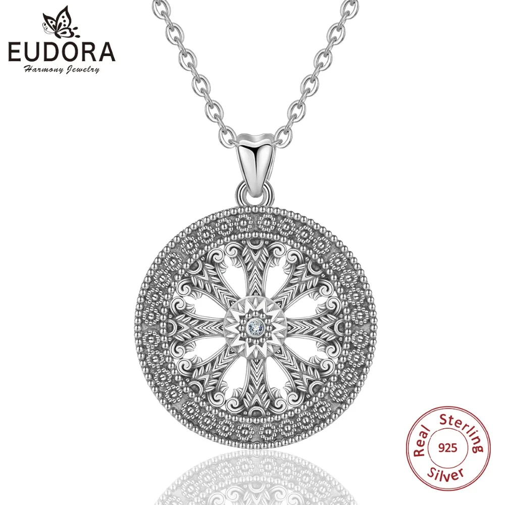 EUDORA 925 Sterling Silver Karma Wheel Pave Round Pendant Necklace For Men Women Oxidized Silver Fine Jewelry CYD378