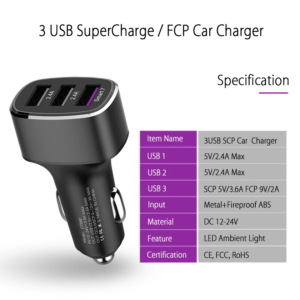 Для huawei Supercharge автомобильное зарядное устройство Металл FCP быстрое зарядное устройство для huawei P20 P10 P30 Plus mate 10 20 Pro Honor V10 V20 9 V9 Note 8