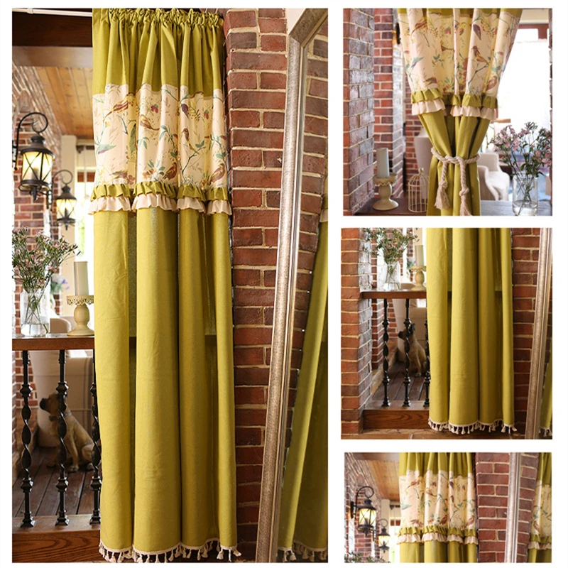 Полузанавеска в американском сельском стиле с цветными цветами и птицами