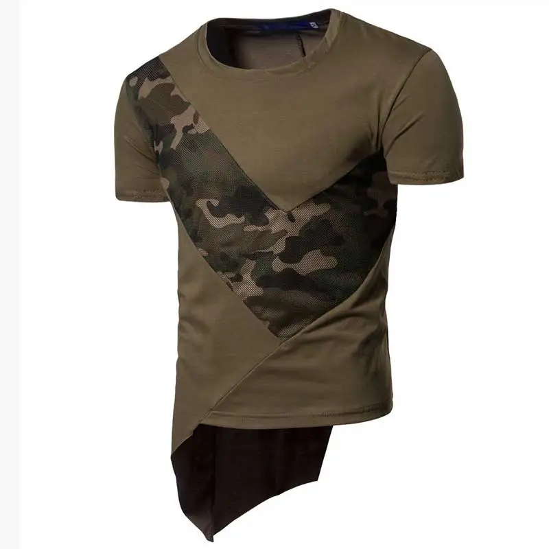 Камуфляж печати Футболки Для мужчин летние кососрезанная нижний Camisas с круглым