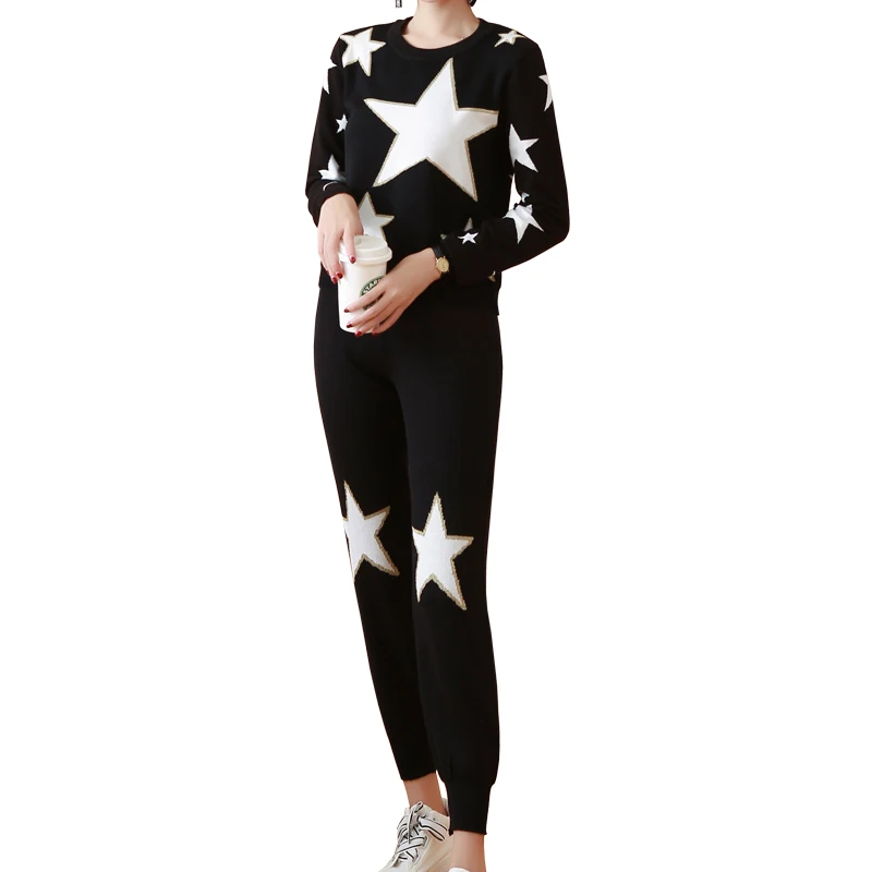 ALPHALMODA New Fashion Knitted Stars Sweater Pencil Pants Women Vogue Tracksuits Autumn Winter Casual Knitting Sets |