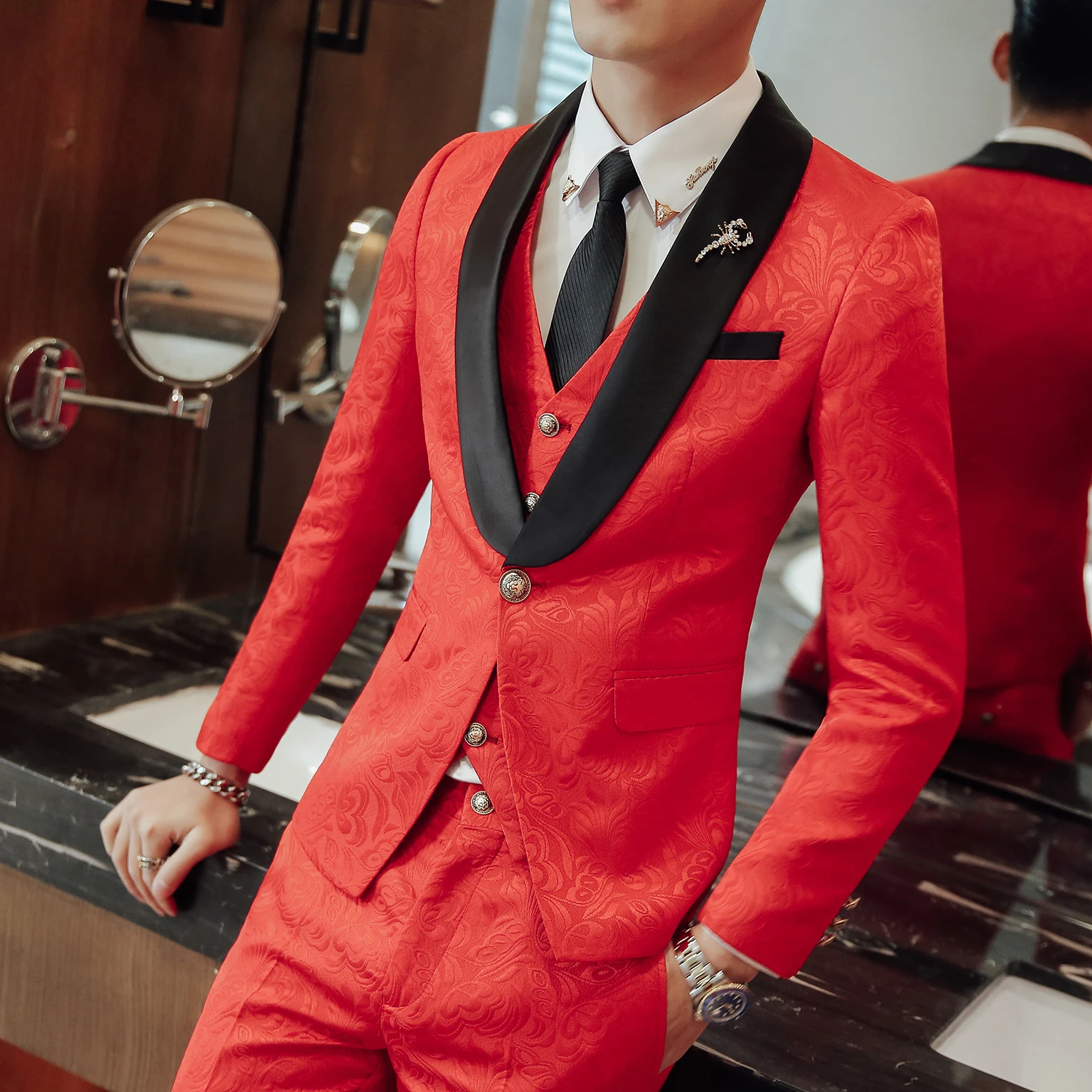 

3PC Suit Men Brand Slim Fit Business Formal Wear Tuxedo High Quality Wedding Dress Mens Suits Casual Costume Homme S-2XL Red